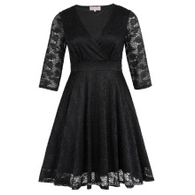 Hanna Nikole Womens Plus Size Dreiviertel Länge Ärmel V-Ausschnitt Schwarz Lace Sommerkleid HN0022-1